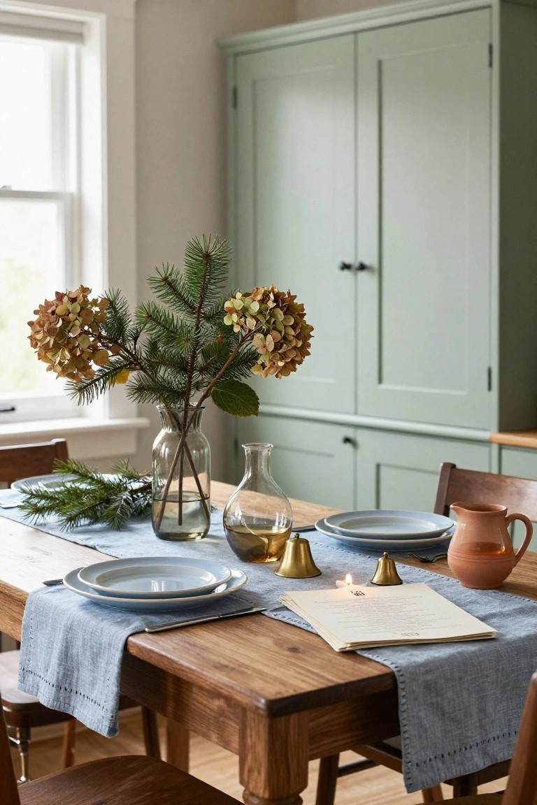Wooden dining table set with blue plates, stacked saucers, glass vase of pine branches and hydrangeas, blue linen runner, brass bells, candle, open paper, and terracotta jug, with green cabinets and chairs in a light-filled room.