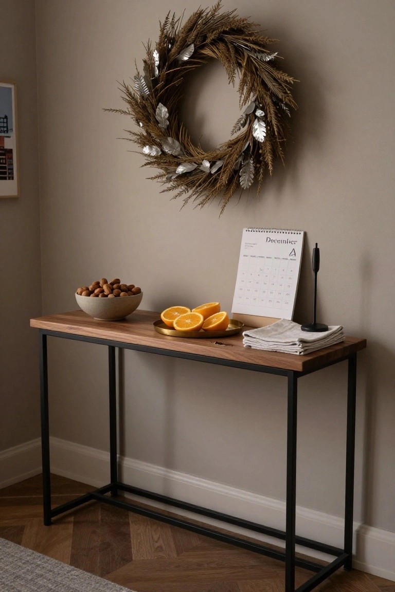 Light beige room corner with walnut-topped black metal console table holding terracotta bowl of hazelnuts, gold dish of orange slices, stacked white linens, open desk calendar, and black candle holder; large wheat and silver leaf wreath on wall above, parquet wood floor and gray rug below.