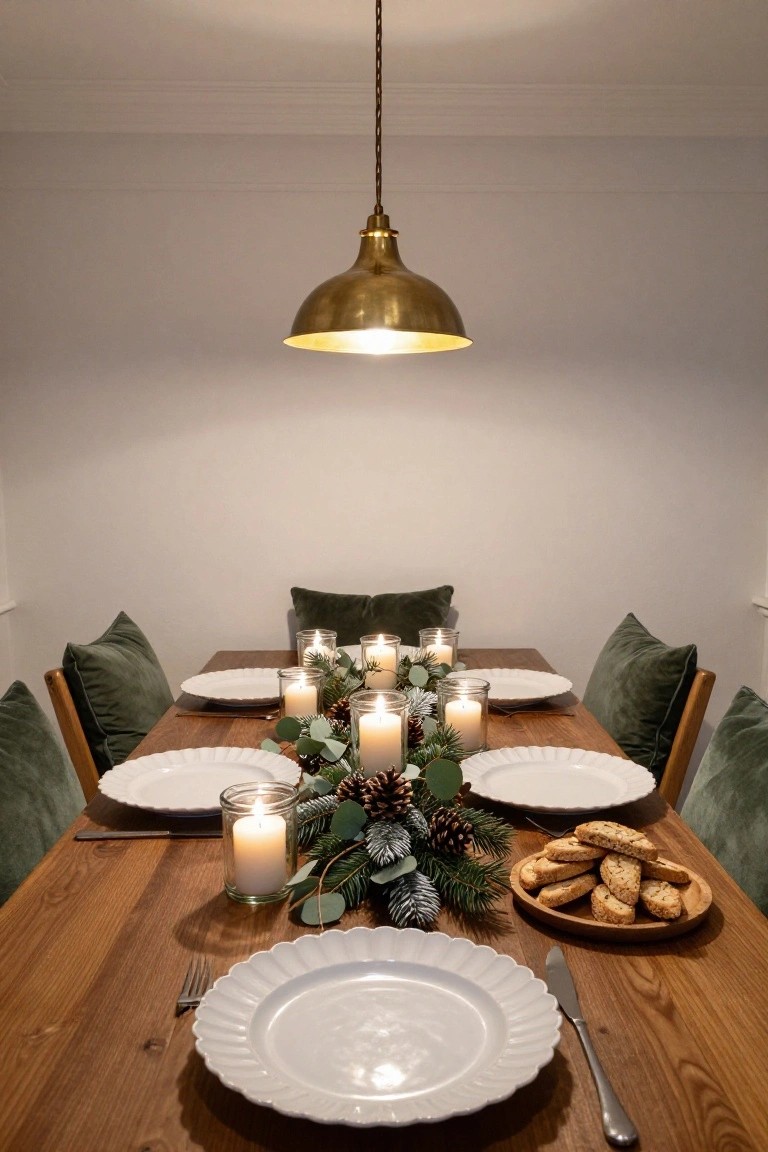Wooden dining table set for Christmas with a centerpiece runner of candles in glass jars, eucalyptus greenery, pine cones, berries, and fir sprigs, flanked by white plates, forks, knives, and a wooden board of biscotti, green velvet chairs around, brass pendant light overhead.