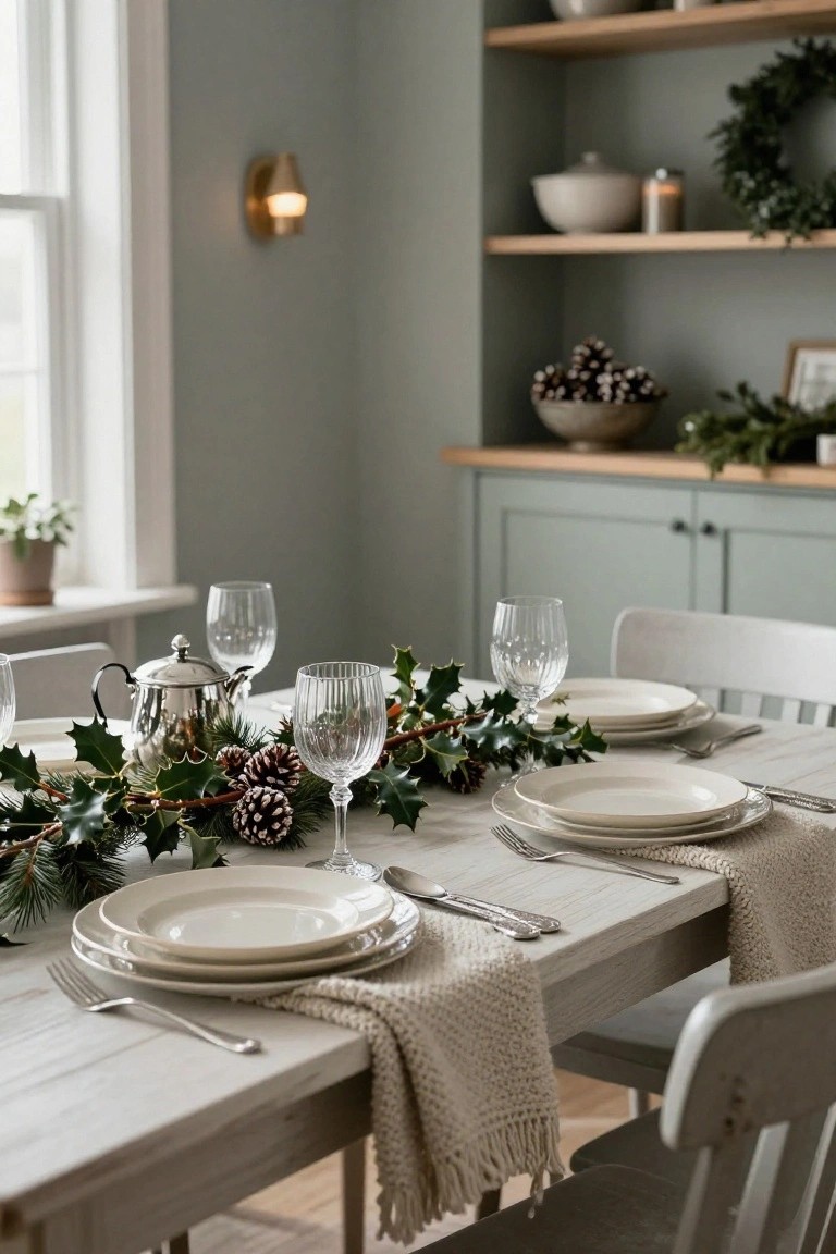 Dining table with white plates, silverware, wine glasses, a silver teapot, and a centerpiece runner of holly branches, ivy, pine sprigs, and pine cones on a white runner cloth in a pale green room with shelves and Christmas decor.