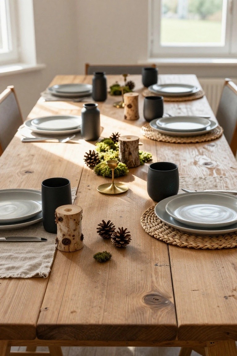 Long wooden dining table set with gray plates on woven placemats, black ceramic mugs and vases, moss garlands, pinecones, birch log slices, and gold candleholders in a bright room with large windows.