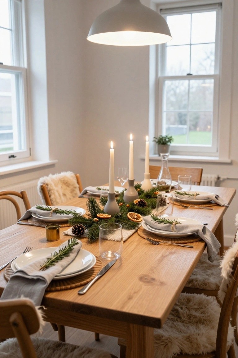 Dining table in a light-filled room set for Christmas with a low centerpiece of pine branches, lit candles, dried oranges, and rosemary sprigs on plates, wooden chairs with sheepskin cushions, and greenery accents.