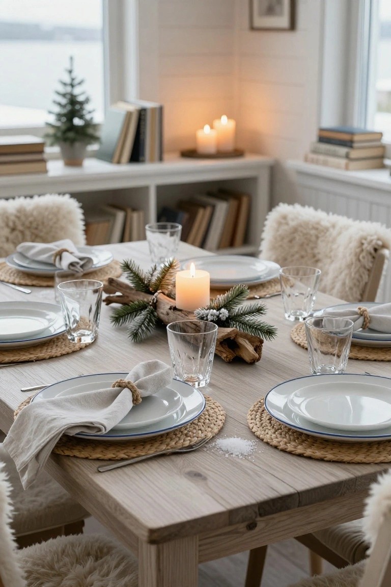 A wooden dining table set for Christmas with white plates on seagrass placemats, linen napkins tied with rope, glasses, and a central driftwood arrangement with pine branches, berries, and candles, flanked by white sheepskin chairs in a light interior with bookshelves and a window view.