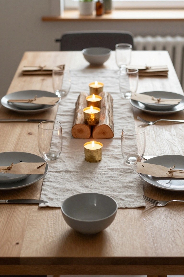 Wooden dining table set with gray plates and bowls, linen runner, birch log centerpiece holding brass tea light candles, glasses, and napkins tied with twine.
