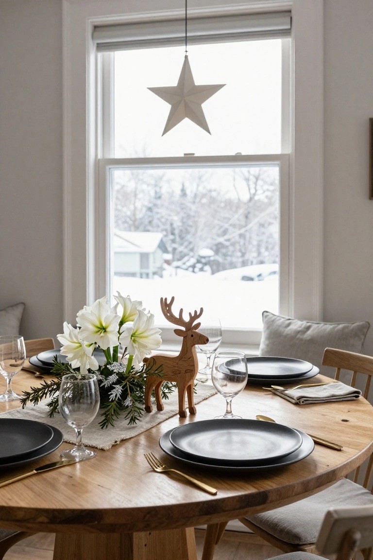 A cozy dining table decorated with black plates, crystal glassware, and winter flowers.