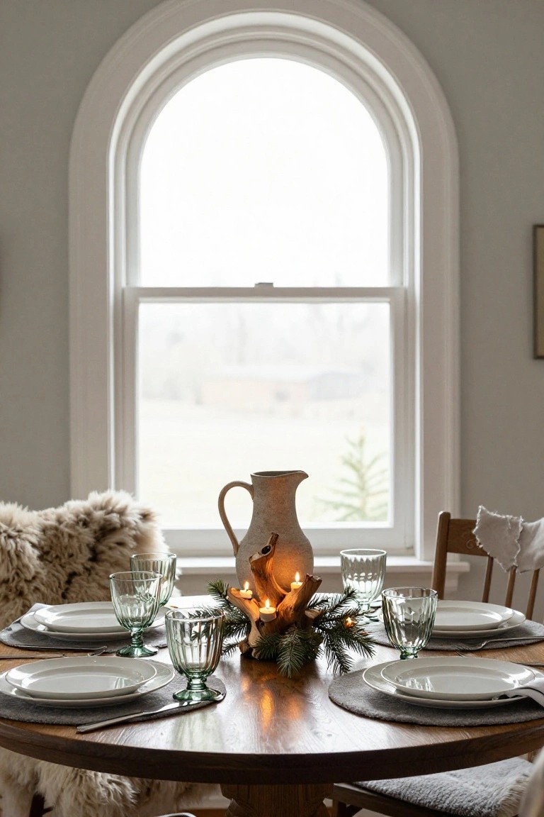 Round wooden dining table set for four with white plates, green glass tumblers, silverware on gray placemats, sheepskin-draped chairs, central terracotta pitcher and wooden candle holder with pine branches, beside large arched window with winter view outside.
