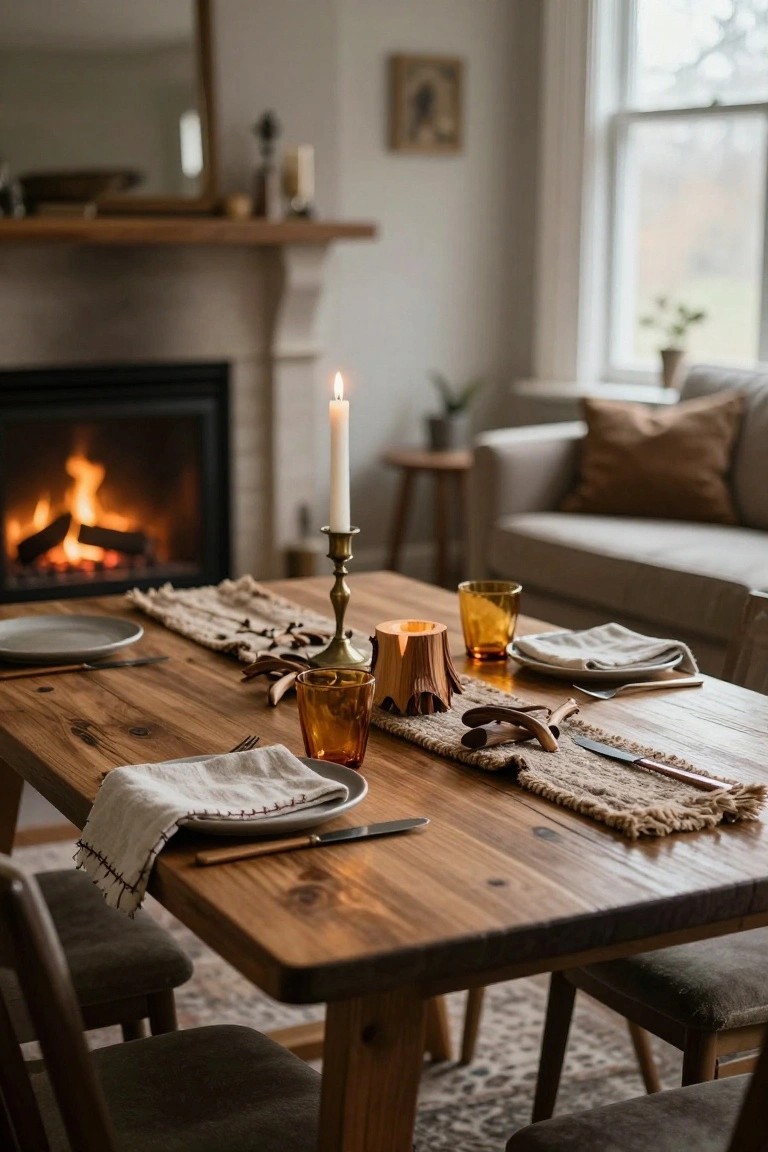 Wooden dining table in a living room with fireplace, set with beige plates, white linen napkins, amber glasses, brass candlestick and candle, wooden candle holder, and beige fringed runner with wooden antlers and branches.