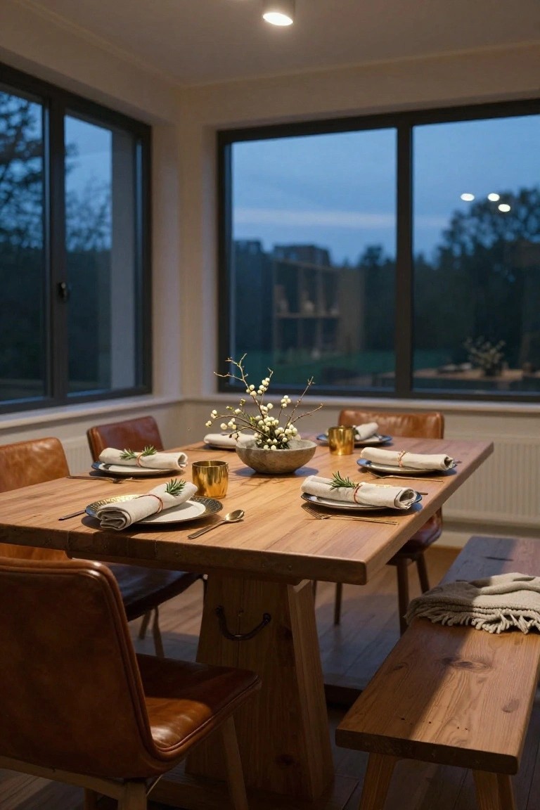 A dining area featuring a large rectangular wooden trestle table set with plates, gold-rimmed dishes, linen napkins tied with rosemary sprigs, a central stone bowl of branches, flanked by leather chairs and a wooden bench, with large windows showing a dusk view of trees and buildings.