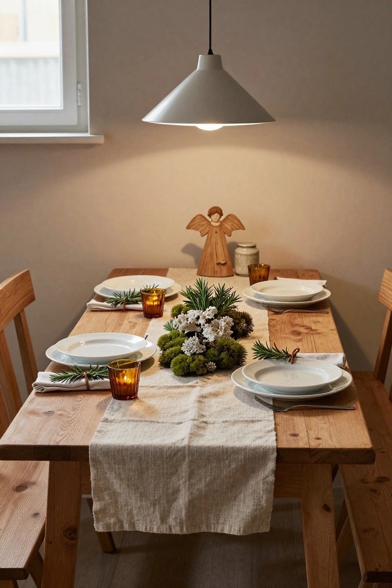 Wooden dining table in a light-filled room set with white plates, a centerpiece of moss, white flowers, and greenery, amber candles, napkins tied with rosemary, and a wooden angel figure nearby under a white pendant lamp.