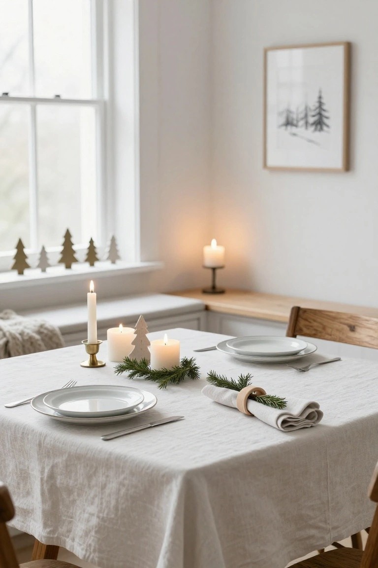 A white linen-covered dining table set for two with white plates, forks and knives, pillar candles, wooden napkin rings holding rosemary sprigs, and wooden chairs in a white room with window silhouettes of metal Christmas trees.