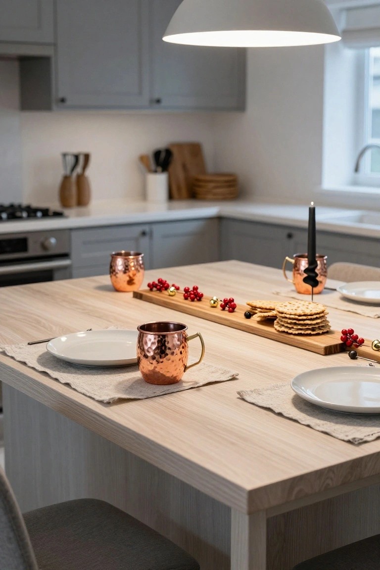 Kitchen island table in a light gray Scandinavian kitchen with a long wooden board centerpiece holding stacked crackers, red berries, gold bells, and black candles, flanked by copper mugs, white plates, and linen placemats.