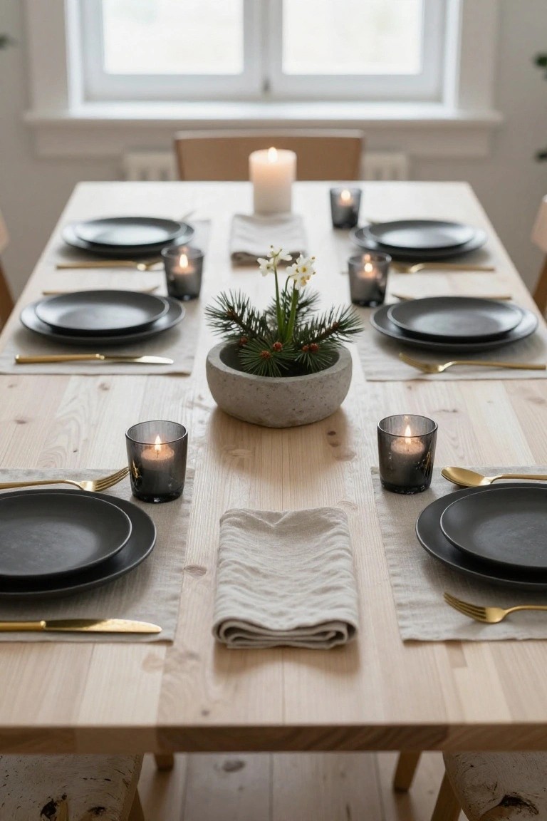 Overhead view of a light wood dining table set with black plates, gold flatware, beige linen napkins and placemats, multiple lit grey glass tealights and a white pillar candle, small white flowers, and a central concrete pot holding a small pine branch with red berries.