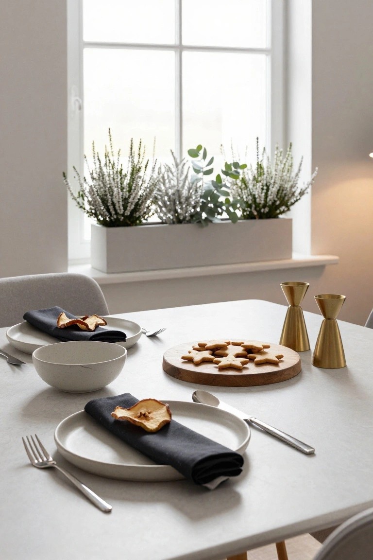 A minimalist dining table with white plates, black napkins, wooden serving board, and candles.