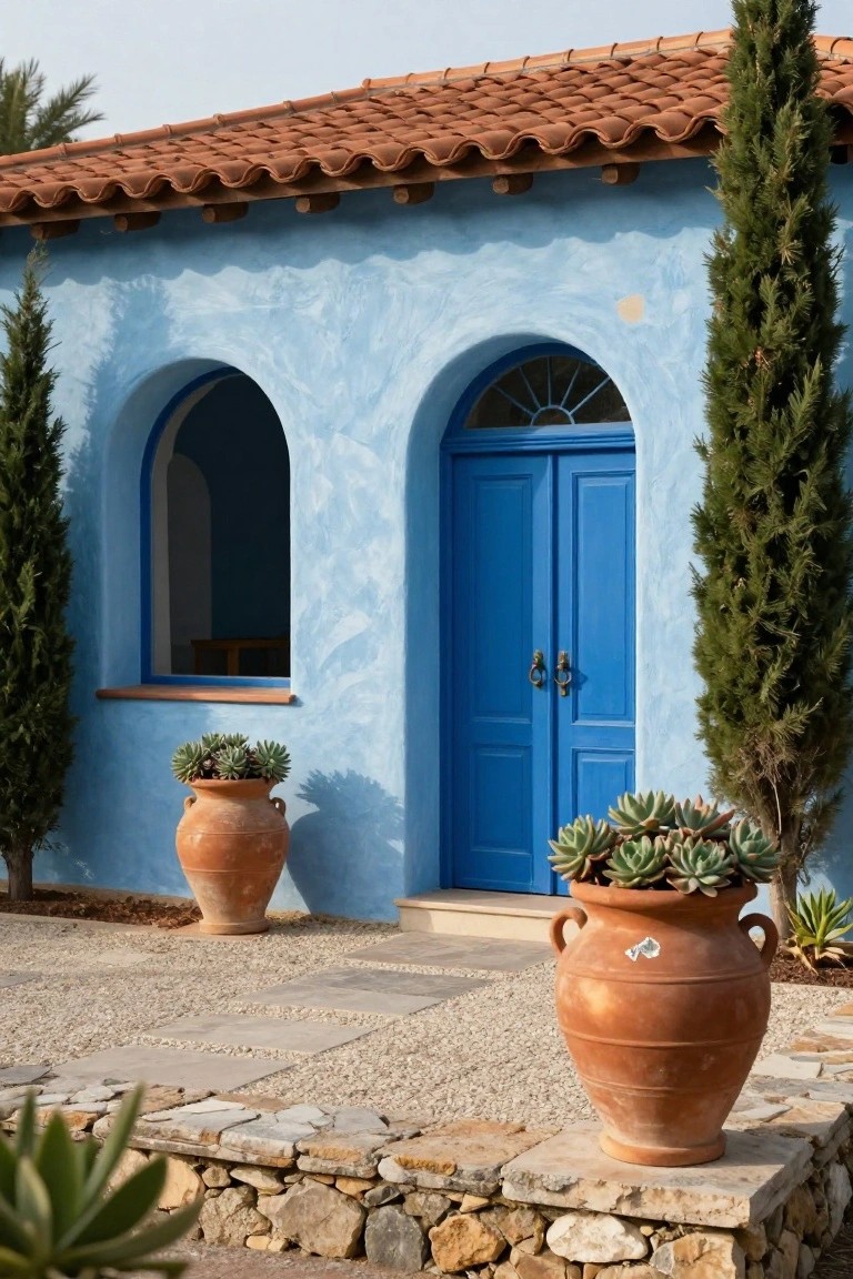 Blue stucco house facade with arched window and double door in matching blue, flanked by tall cypress trees and large terracotta pots with succulents on gravel paving and stone edging.