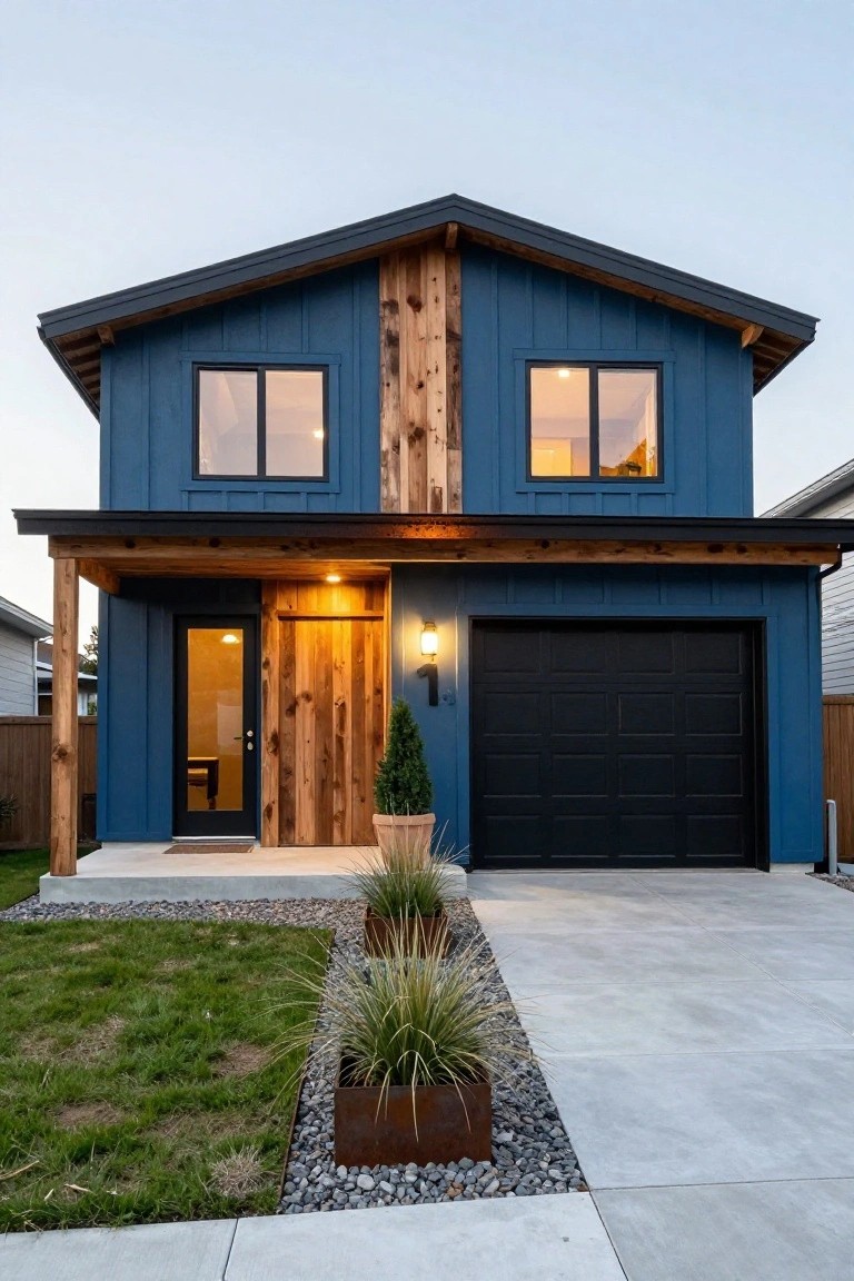 Front exterior of a two-story house with deep navy blue board-and-batten siding, vertical wood accent wall, covered wood porch, black garage door, and landscaped yard with grasses and potted plants.