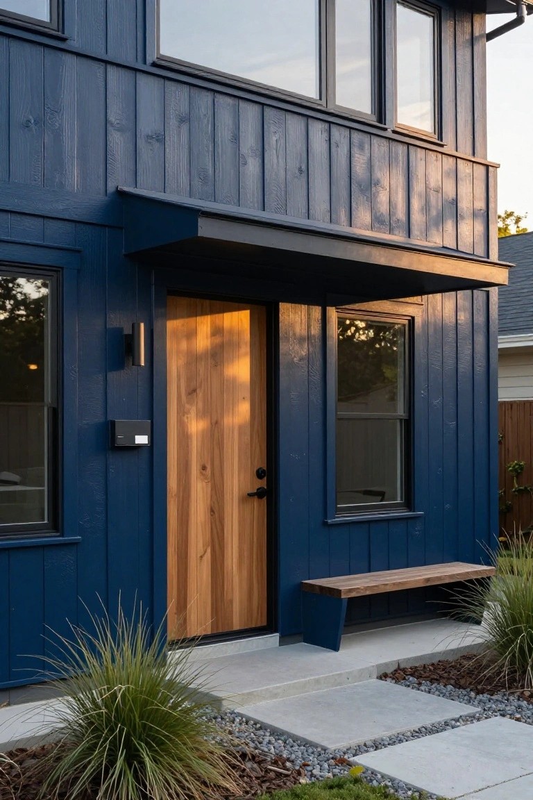 House exterior with dark navy blue vertical board-and-batten siding, light wooden double entry doors, black wall light and mailbox, built-in wood bench, concrete pavers, gravel, and ornamental grasses.