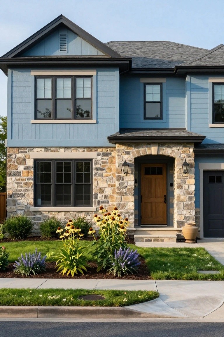 Two-story house facade with light blue horizontal siding, beige stone accents around a wooden arched entry door, black-framed windows, dark blue garage door, and front yard landscaping with yellow coneflowers, lavender shrubs, and green lawn.