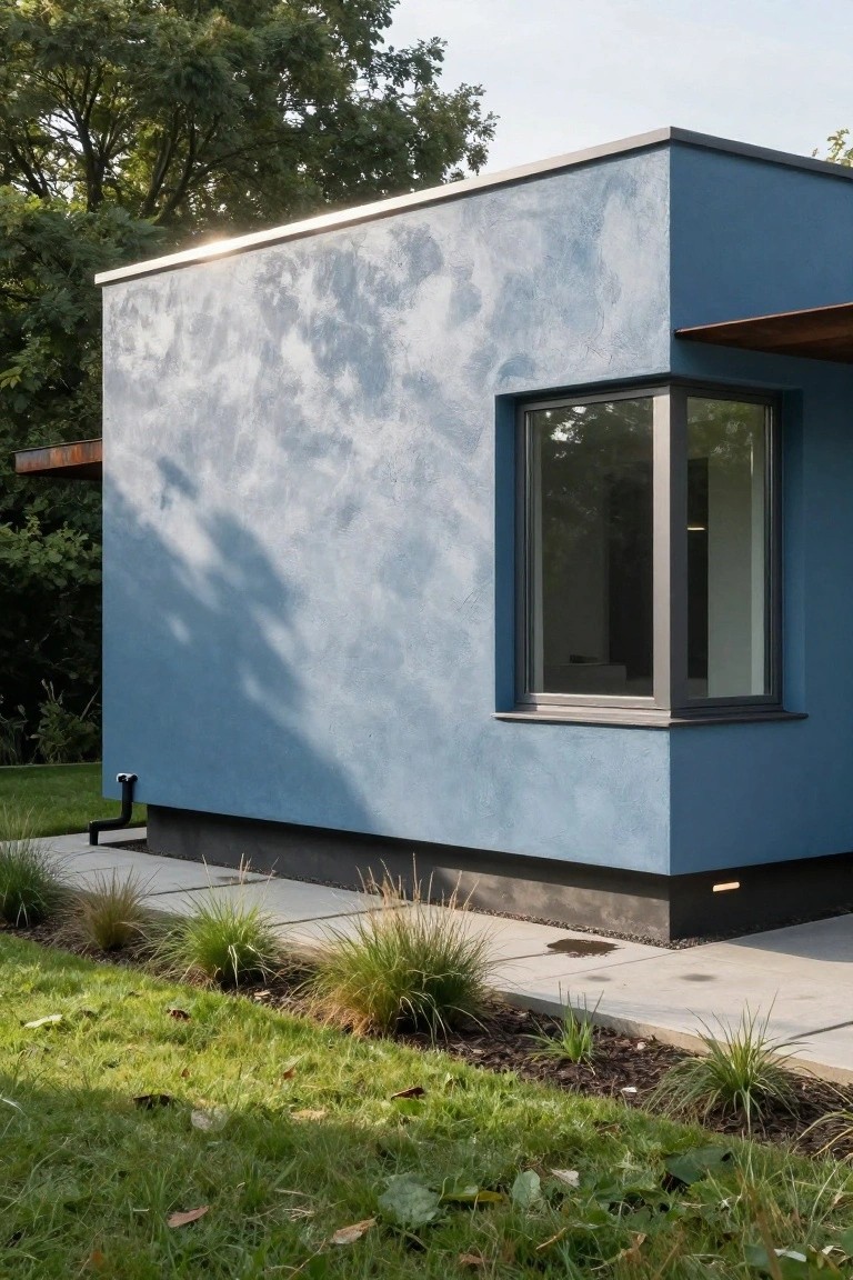 Corner view of a modern house with light blue textured stucco walls, a large gray-framed window, black drain pipe at base, concrete plinth, ornamental grasses, paved path, and surrounding lawn and trees.