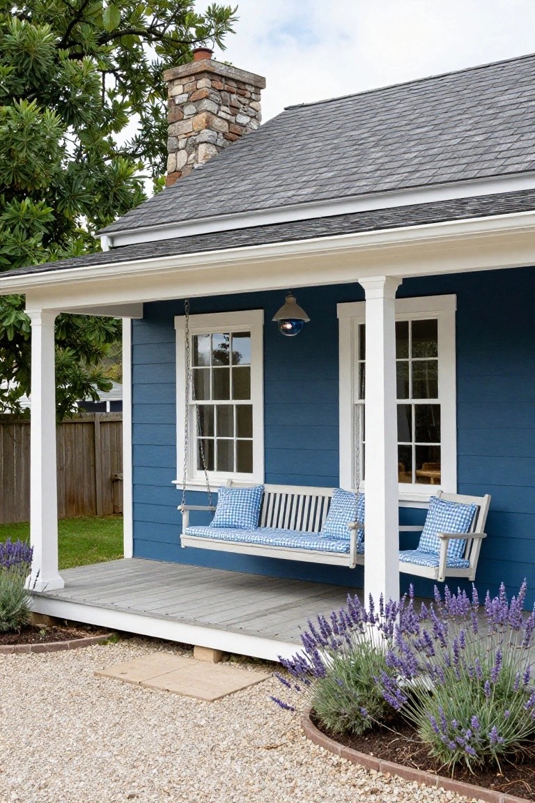 Front view of a two-story navy blue clapboard house with gray shingle roof, white trim on windows and columns, covered porch with hanging swing bench and pillows, lavender plants at the base, gravel path, and grass lawn.