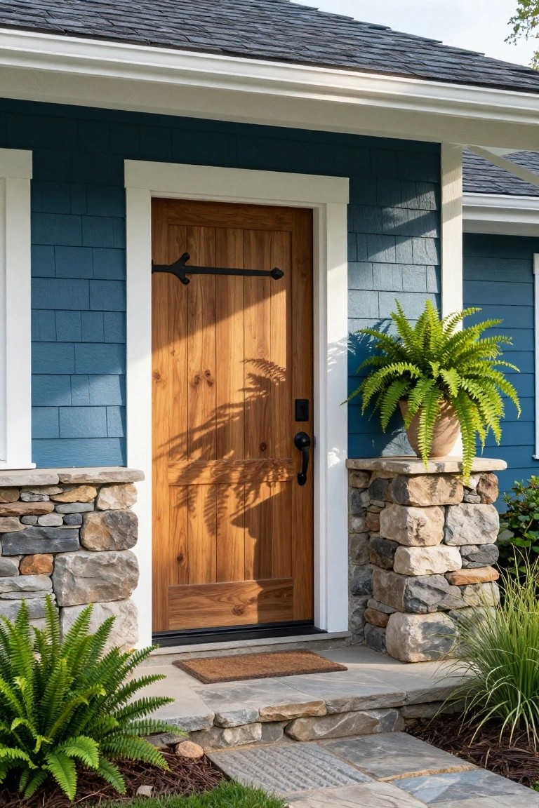 Close-up of a house front entrance featuring navy blue shingle siding, a light wooden paneled door with black strap hinges and knob, white trim, stone pillars, potted ferns, and a stone step.