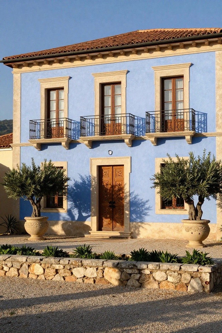 Light blue stucco two-story house with terracotta tile roof, wrought-iron balconies over three windows, carved wooden front door, potted olive trees flanking the entry, stone retaining wall with plants, and gravel foreground.