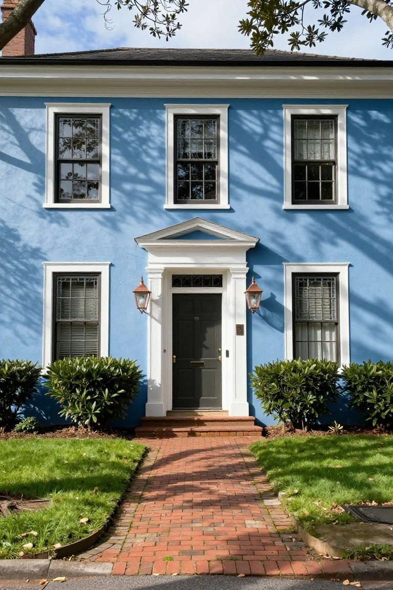 A two-story light blue clapboard house with white trim, multiple windows, black front door flanked by lanterns, brick pathway, shrubs, and grass in the front yard under a tree.