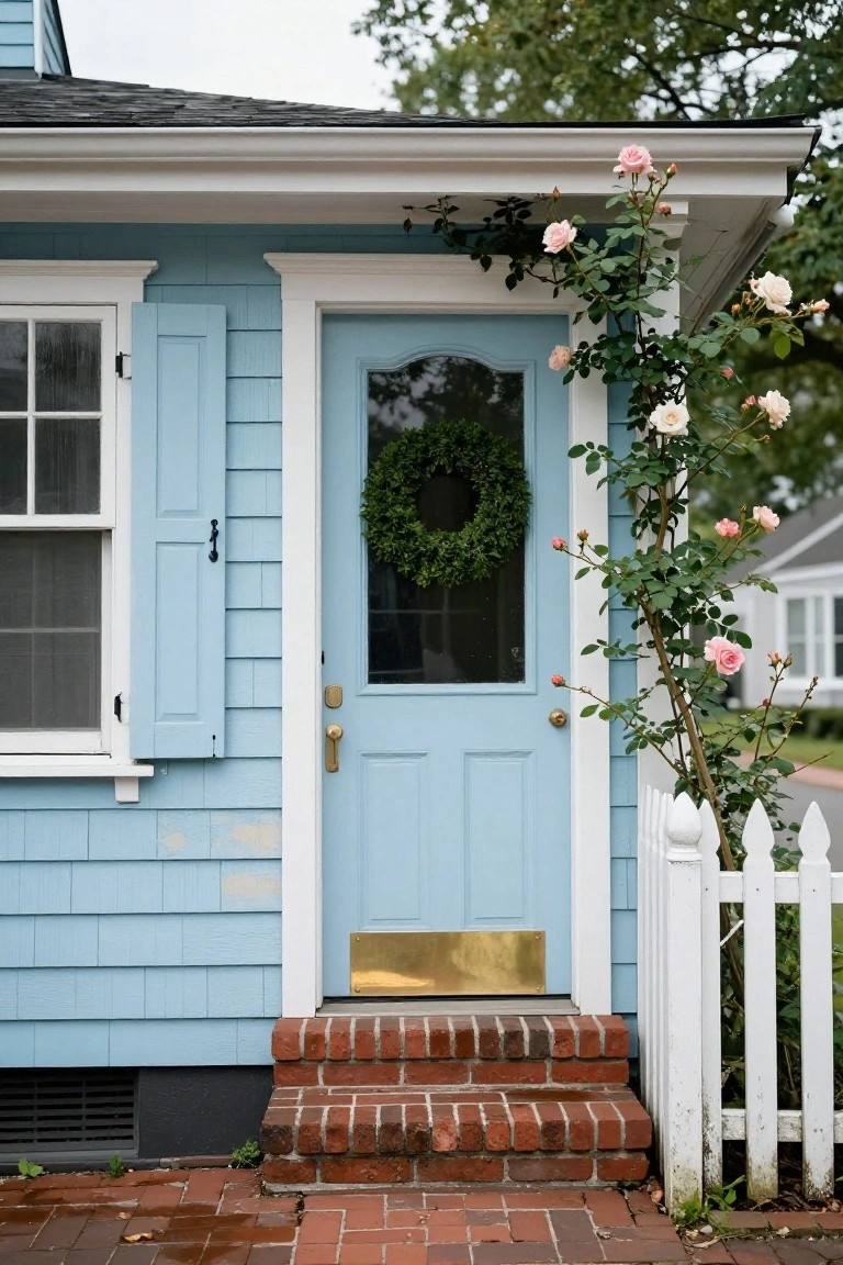 Light blue shingle house exterior with white trim, blue front door with green wreath and brass letterbox, adjacent window with blue shutters, climbing pink roses on the corner post, brick entry steps, and white picket fence.