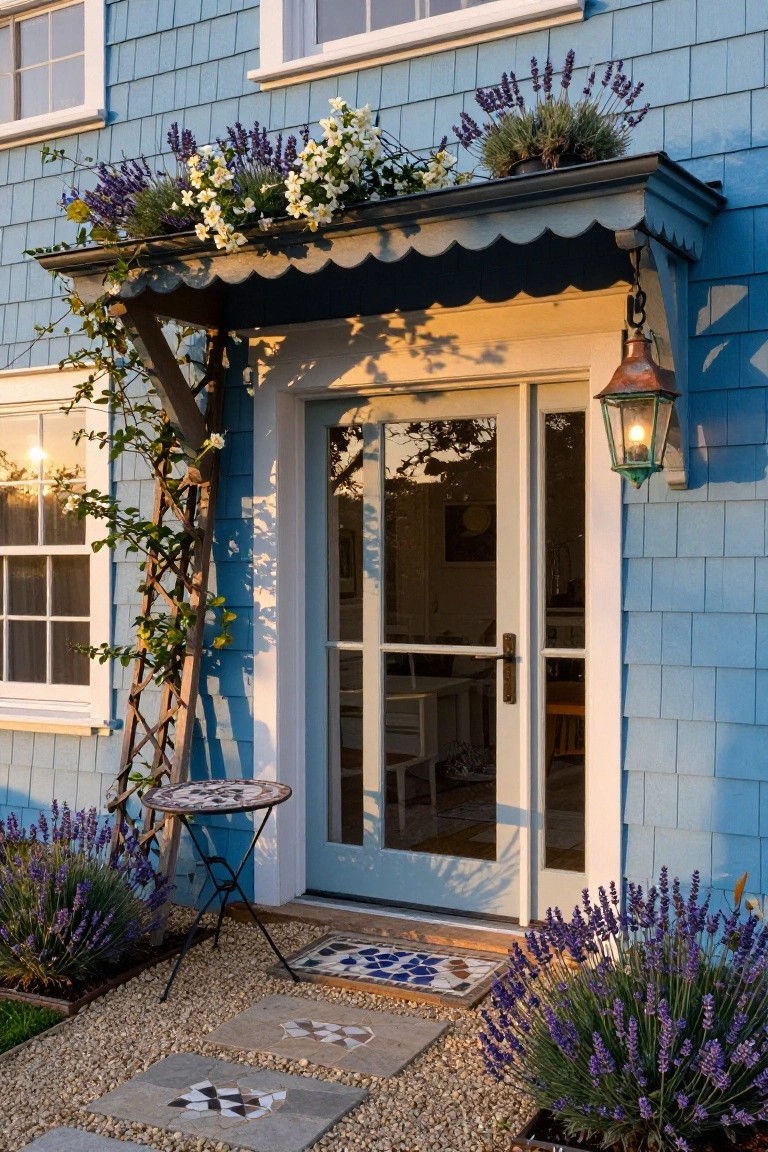 Light blue shingled house exterior with glass-paneled front door under scalloped wooden awning, flanked by lavender plants in containers, vine-covered trellis, copper lantern light, small metal table, and mosaic tile stepping stones on gravel path.