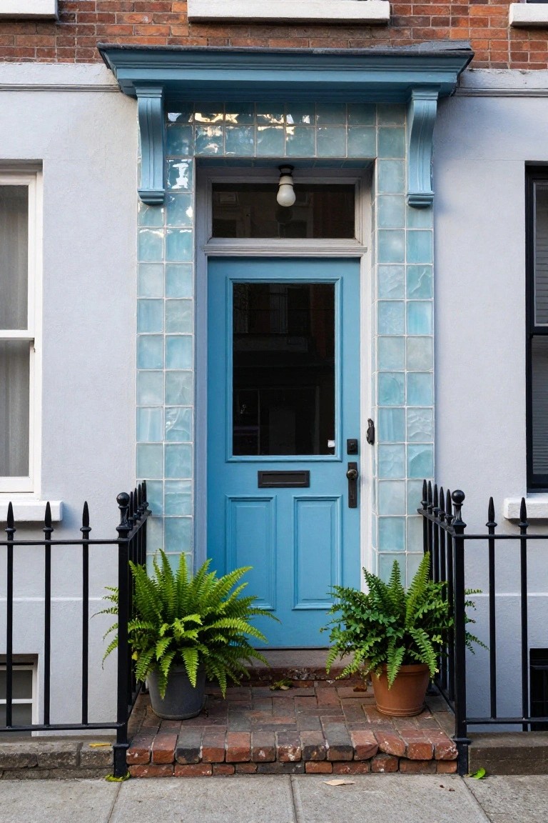 Turquoise blue front door with matching glossy blue tiles on the porch surround and columns, flanked by two potted ferns in gray and terracotta pots, black iron railing, light stucco walls, and brick upper facade on a street.