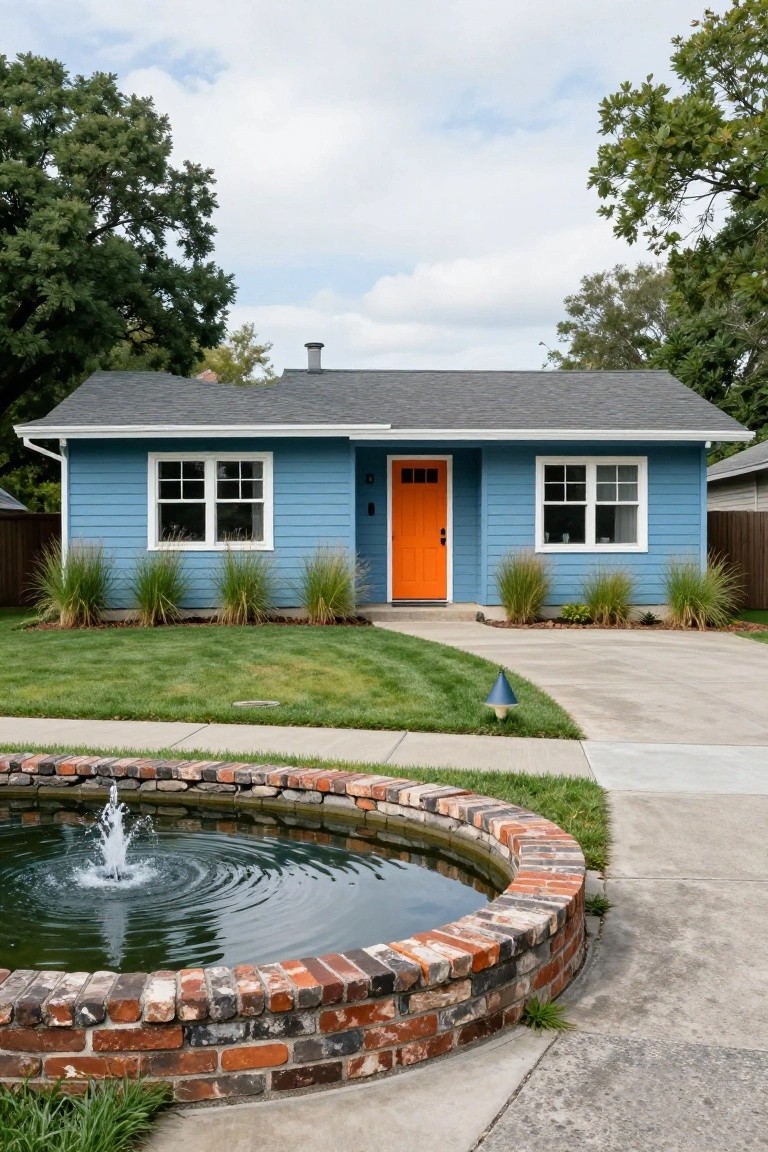 Light blue house with white-trimmed double-hung windows, orange front door, shingled gray roof, front lawn edged with ornamental grasses, concrete driveway, and circular brick fountain with water jet in foreground.