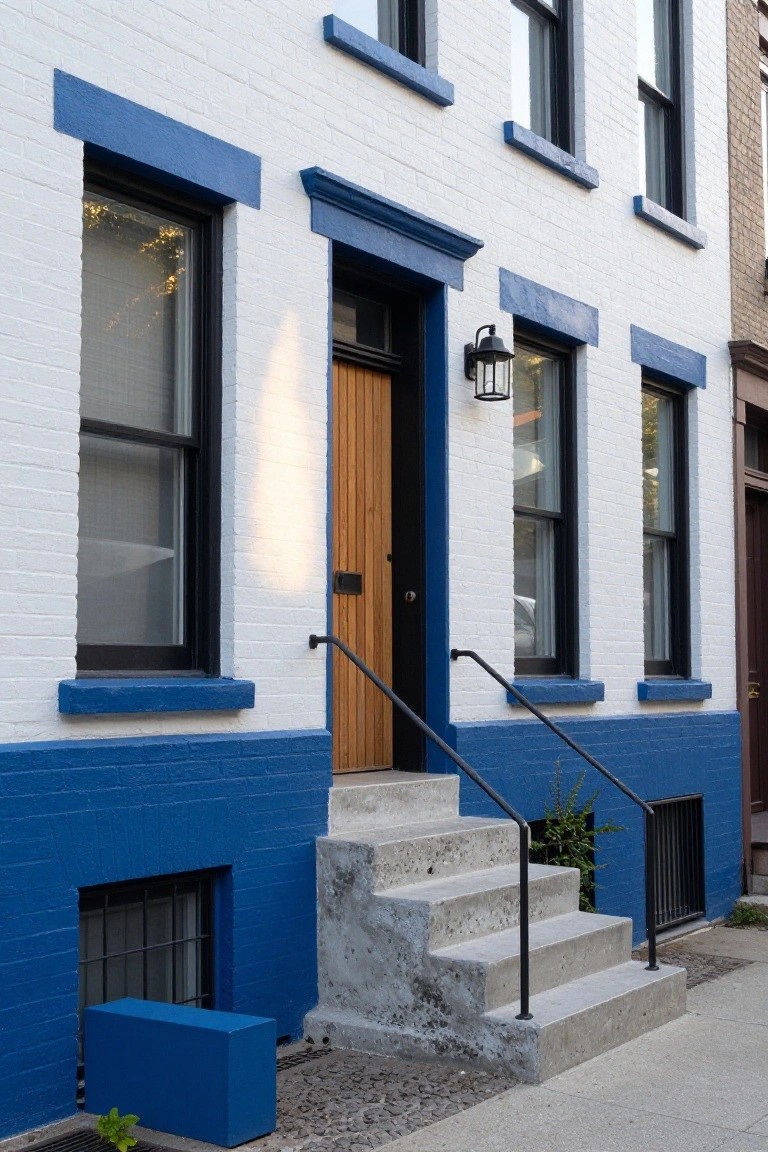 White brick rowhouse exterior with blue trim framing black windows and wooden door, blue-painted lower base and railings, concrete entry steps, and a blue cube beside the house.