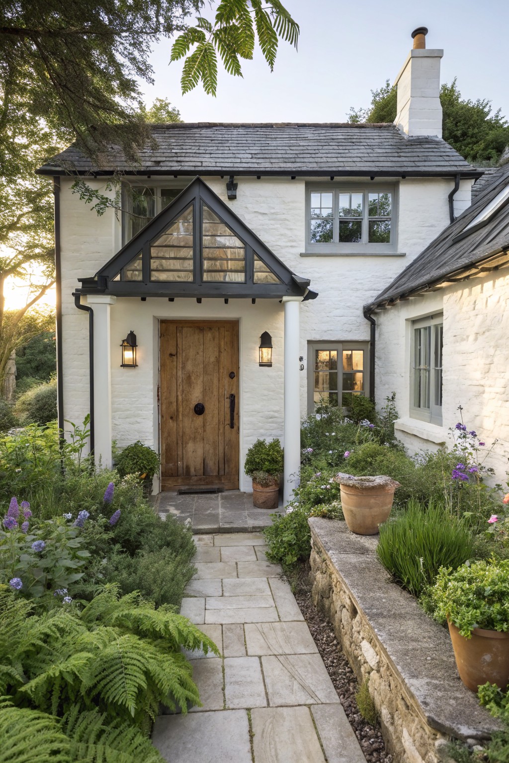 White cottage house with dark slate roof and black-framed glass porch over wooden front door, stone path lined with potted plants and garden beds leading to entrance.