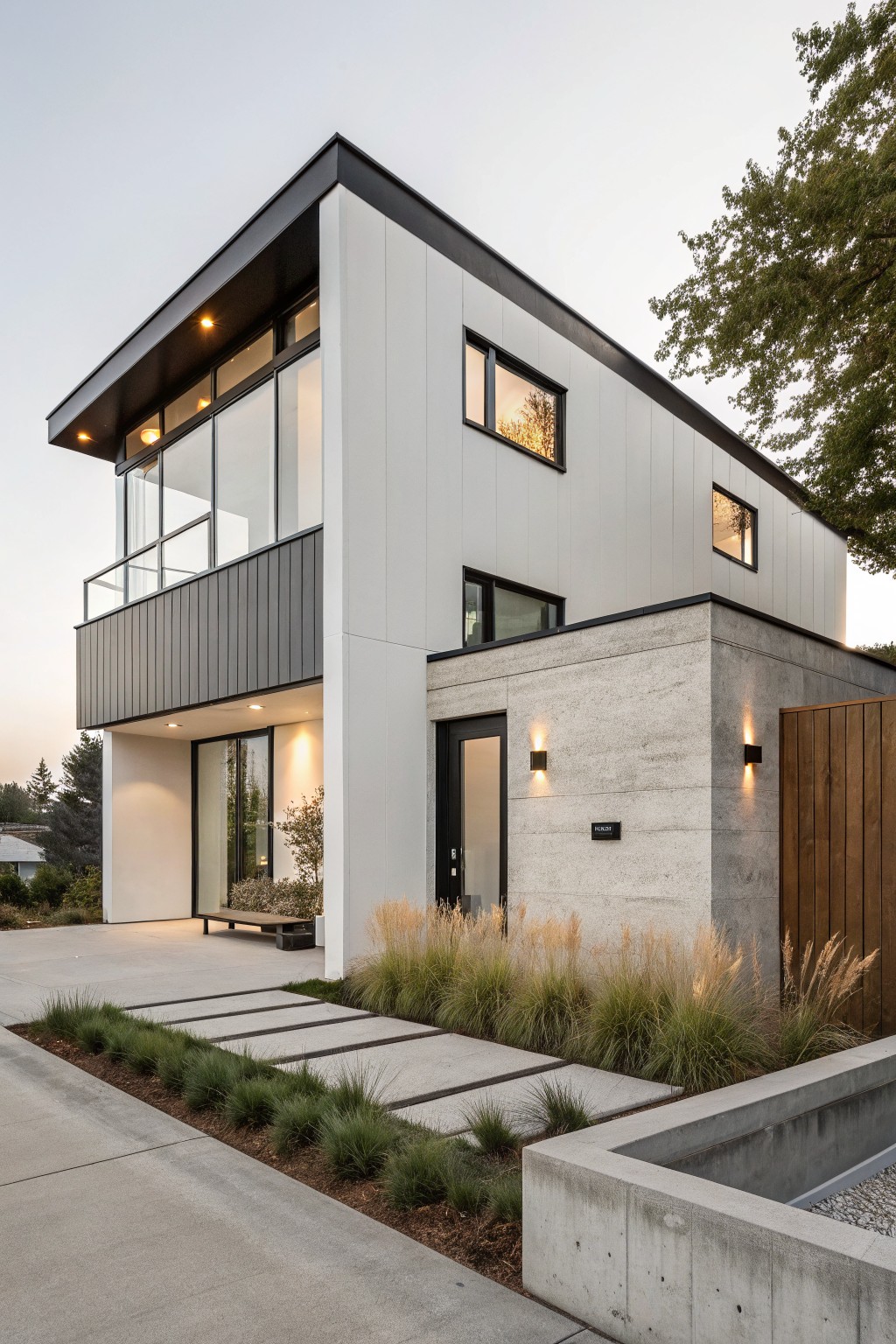 Two-story modern house exterior with white vertical panels, black metal roof overhang and balcony railing, large glass windows, concrete and stone base, dark entry door, pathway with ornamental grasses, and wood fence.