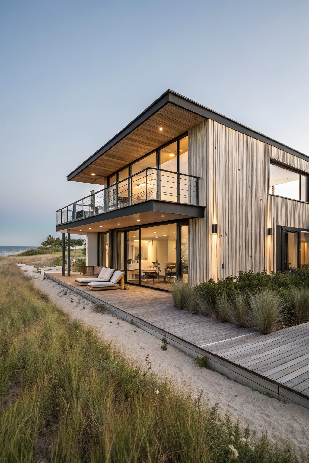 Modern two-story beachfront house with light vertical wood siding, black metal roof edges and railings, large glass windows and doors, elevated wooden deck adjacent to sand dunes and grasses at dusk.