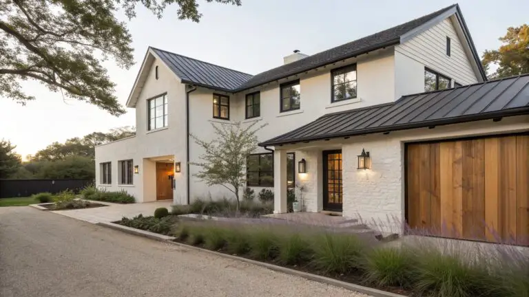 A two-story white house with dark metal roof, wooden garage door, entry porch, and landscaped path with grasses and lavender plants.