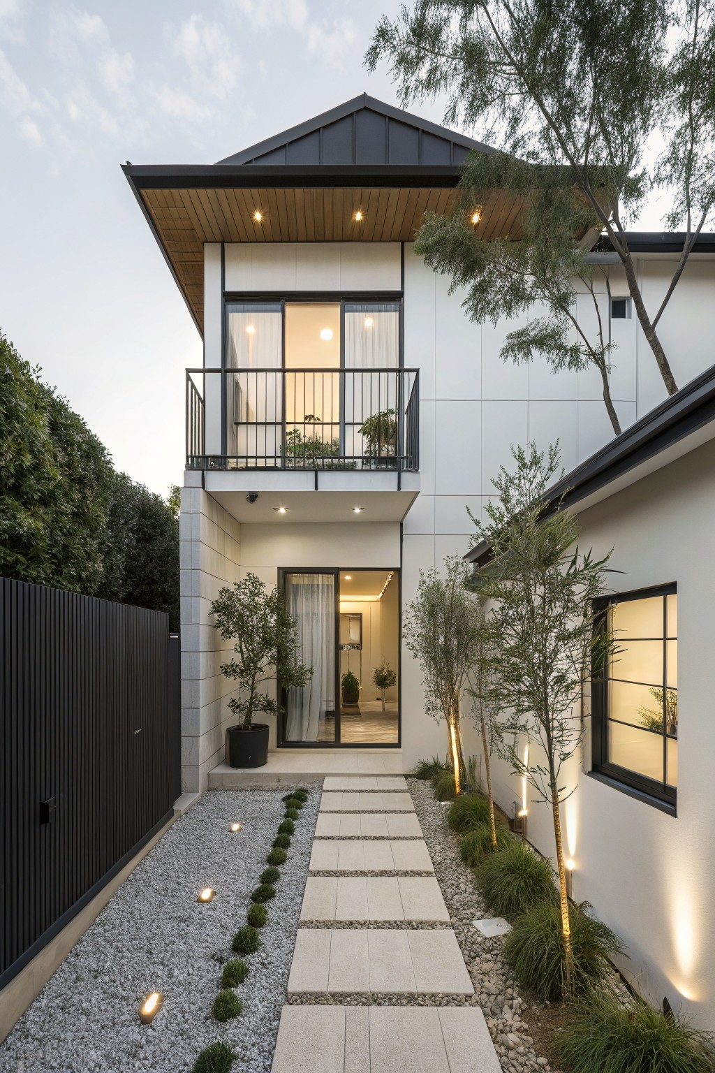 Two-story modern house exterior featuring white walls, dark sloped metal roof, upper balcony with railing, glass entry door, gravel pathway with stone pavers and uplights, flanked by small trees and plants, black fence on one side.