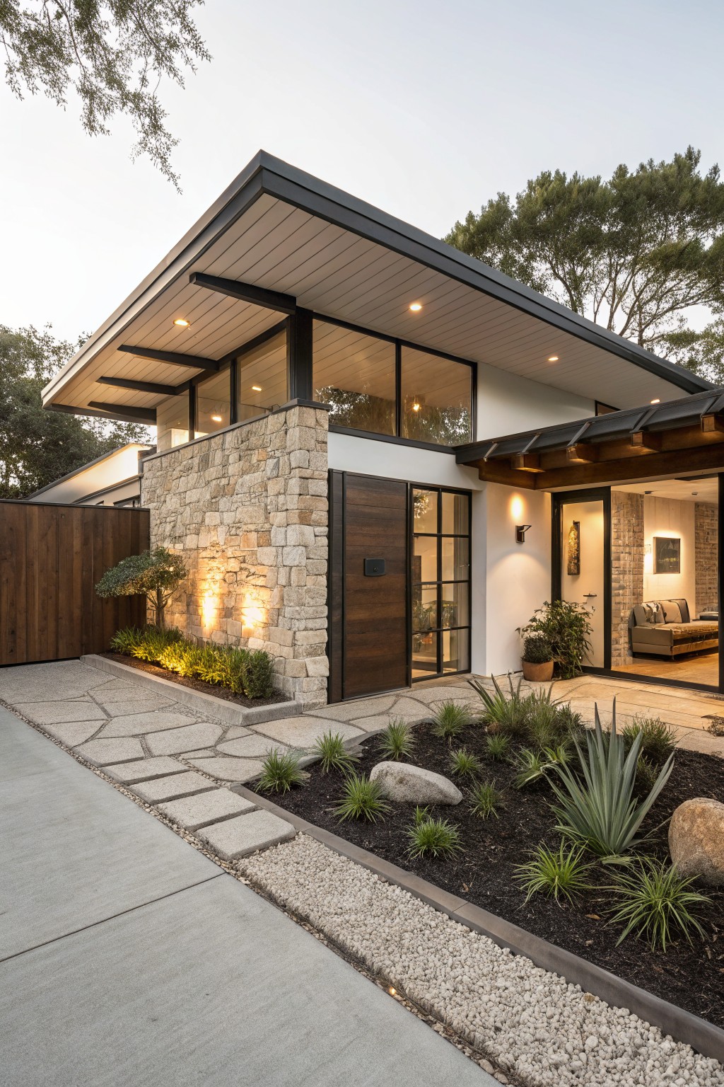 Modern house exterior with beige stone lower walls, white upper walls and trim, black metal roof overhangs, large glass windows, dark wood pivot door, and front yard landscaping with gravel path, agave plants, and uplights.