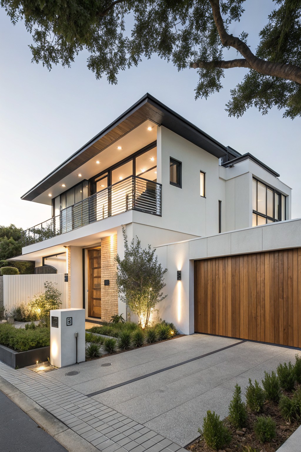 Modern two-story white house exterior featuring dark metal roof, vertical timber garage door, brick entryway accents, glass upper balcony with railing, and landscaped driveway at dusk.