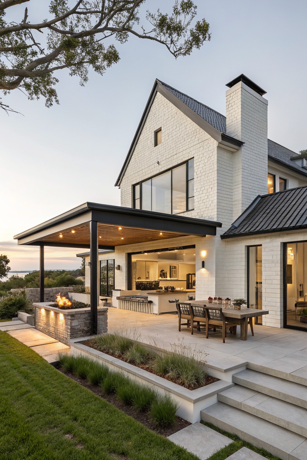 Rear exterior of a two-story white brick house with dark metal gable roofs, covered black-framed porch, large glass doors opening to visible kitchen, outdoor dining table, fire pit, stone retaining wall, steps, and surrounding grass and plantings at dusk.