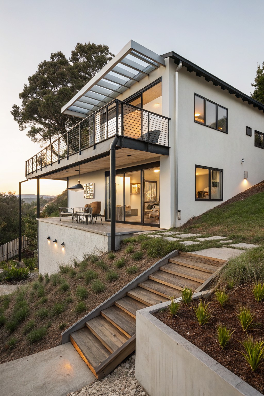Modern two-story white stucco house on a hillside with black metal posts supporting a cantilevered balcony and canopy, wooden stairs leading to a concrete platform, glass doors, and native grass landscaping.