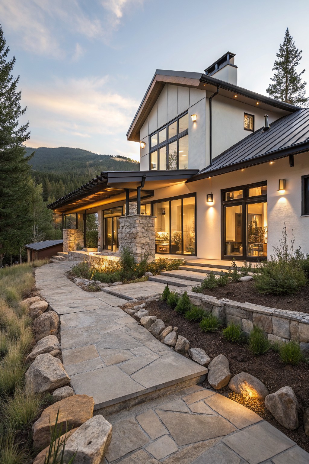 A two-story modern house with white siding, dark metal roof, large glass windows, and stone pillar supports, viewed from a flagstone path with landscape lighting, surrounded by pine trees and mountains at dusk.