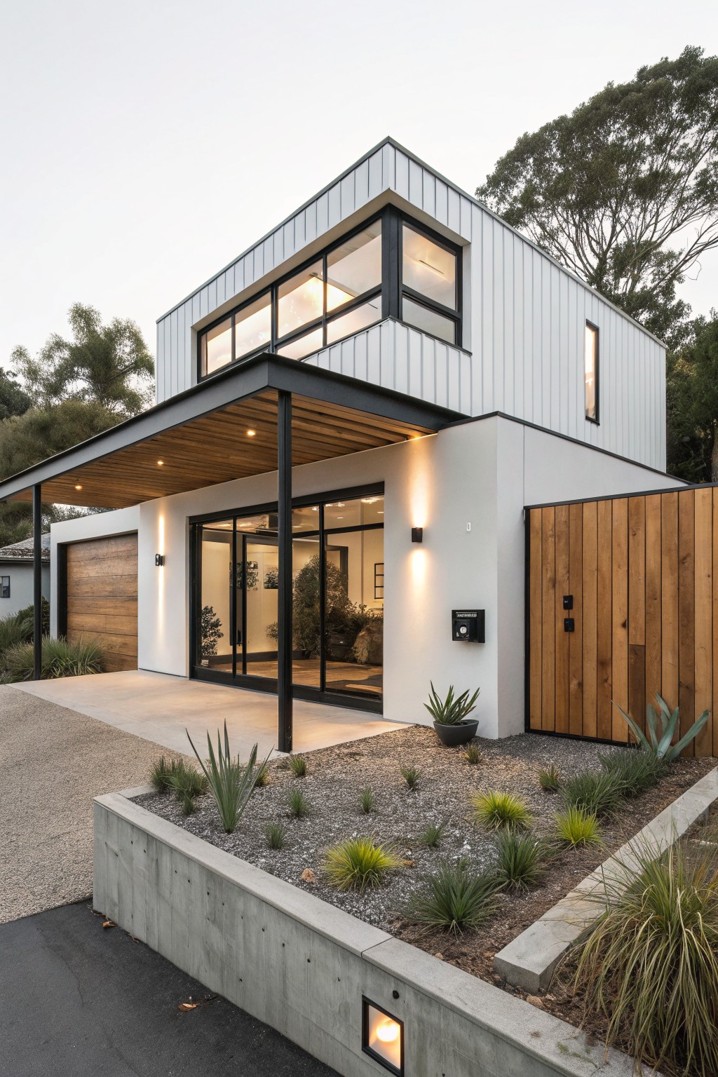 Two-story modern white house exterior with vertical cladding, dark metal roof, black-framed windows and doors, covered wooden porch with steel supports, wood garage door, and gravel garden with agave plants along concrete wall.