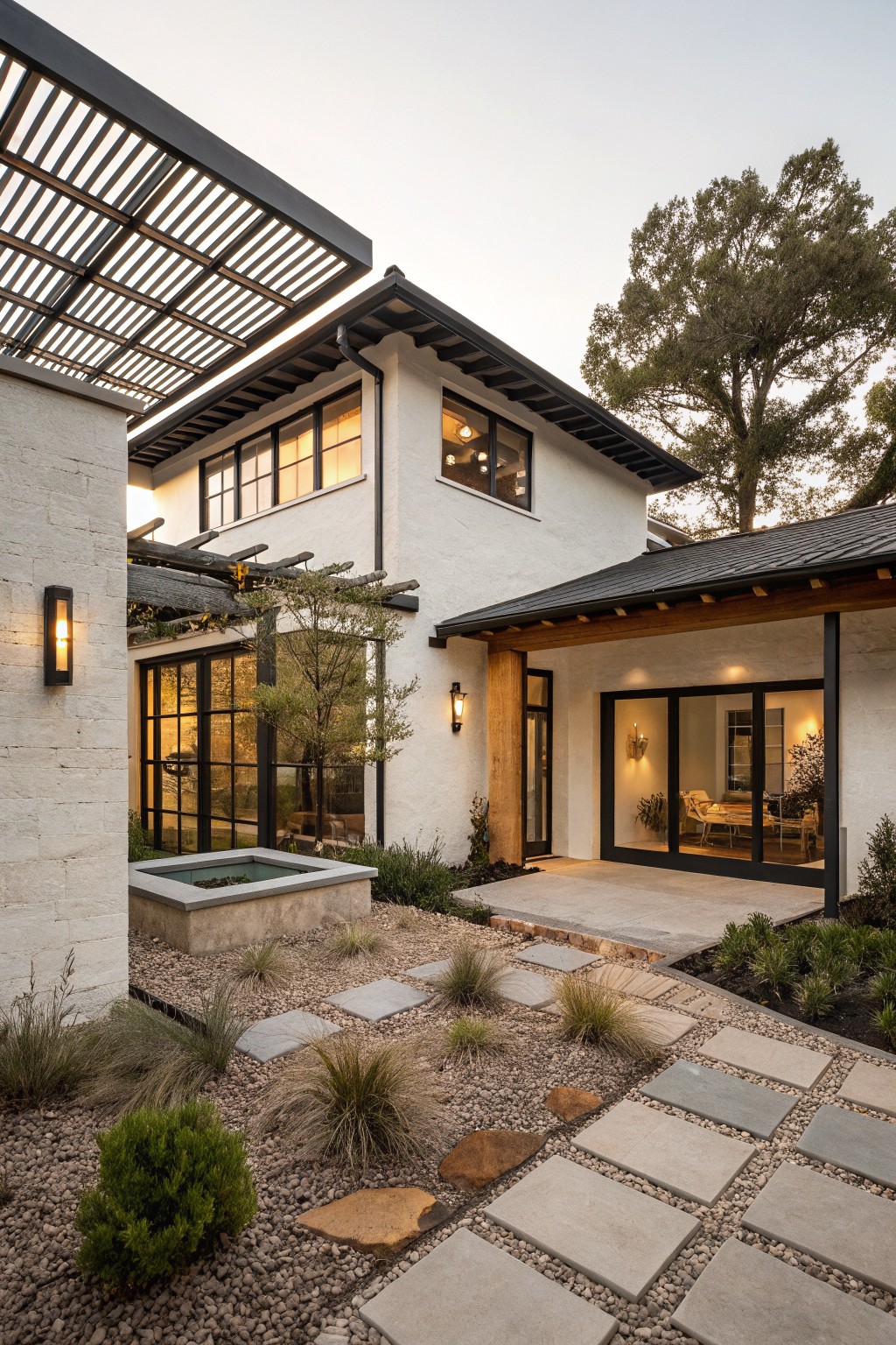Modern two-story house featuring white stucco walls, dark sloped metal roof, black metal window frames, wooden pergola, glass entry doors, and gravel courtyard with stone pavers and low plants.
