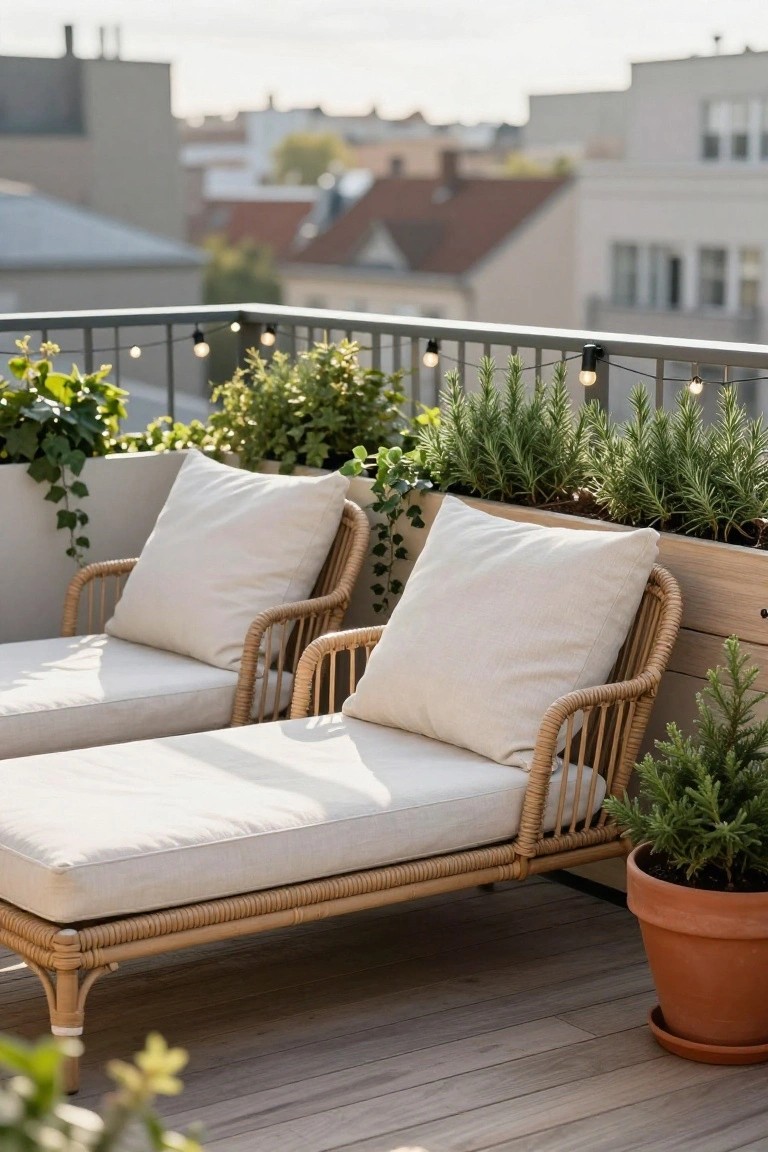 Rooftop balcony featuring two beige cushioned rattan loungers side by side, wooden rail planters with ivy and rosemary, potted plants, and small string lights hanging along a black metal railing, with city rooftops in the background.