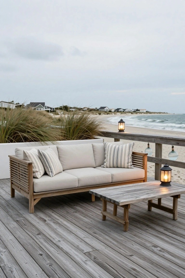 Beige cushioned sofa with striped pillows and wooden coffee table on a gray wooden deck, lanterns hanging from railing and on table, sea grass dunes and ocean in background.