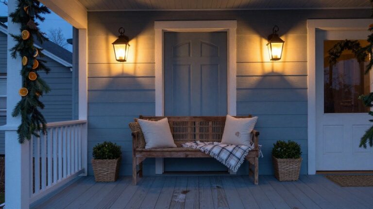 Front porch of a light blue clapboard house at dusk featuring a dark wood door with Christmas wreath, two lit lanterns on wall brackets with holiday garlands, wooden bench with plaid blanket and pillows flanked by potted plants, and wooden door mat on gray decking.