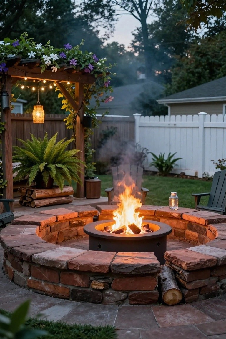 Backyard fire pit made of black metal ringed by curved stone benches on a paver patio, with Adirondack chairs nearby, a wooden pergola overhead draped in string lights and flowering vines, potted ferns, hanging lantern, jar lantern, firewood stacks, and smoke rising in evening light.