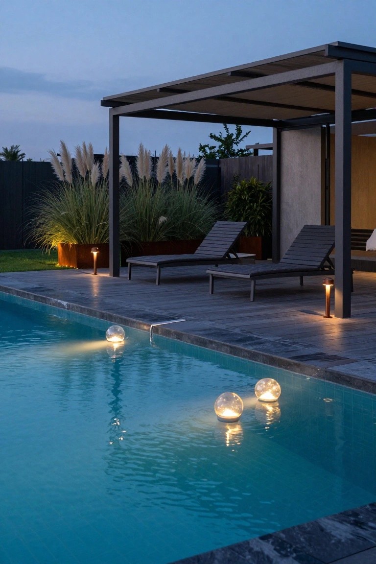 Twilight scene of a rectangular pool with three illuminated floating glass spheres, adjacent wooden deck with two lounge chairs under a covered pergola, pampas grass in metal planters, and low path lights.