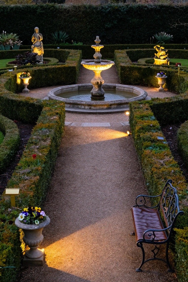 Formal garden at dusk with central stone fountain, boxwood hedges forming circular and linear patterns, gravel path lined with solar-powered ground lights leading to a metal bench, statues, and potted flowers.