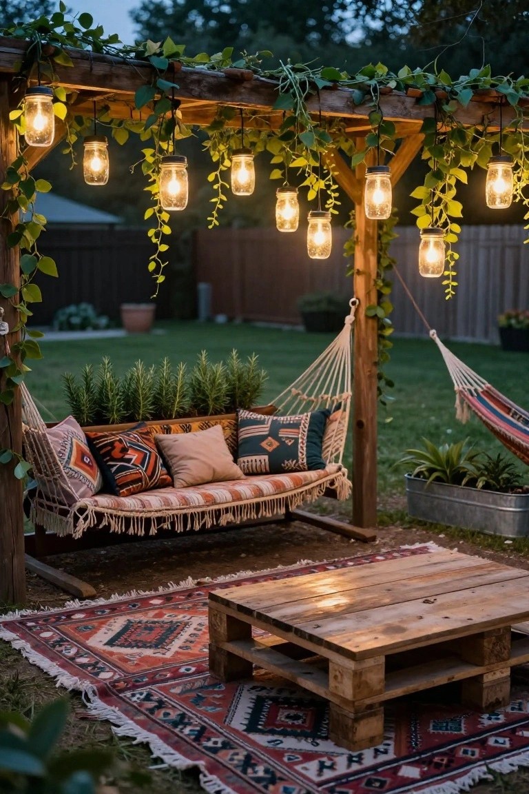 Wooden pergola draped in vines with multiple hanging mason jar lanterns lit at dusk, above a macrame hammock swing with cushions, wooden pallet table on a patterned rug, surrounded by potted plants and a backyard fence.